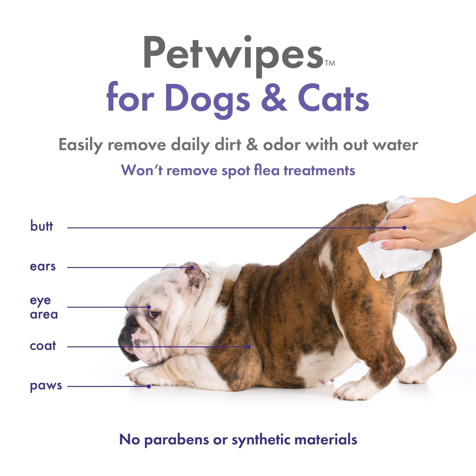 Petkin Plant-Based PetWipes closeup of a wipe highlighting gentle lavender formula