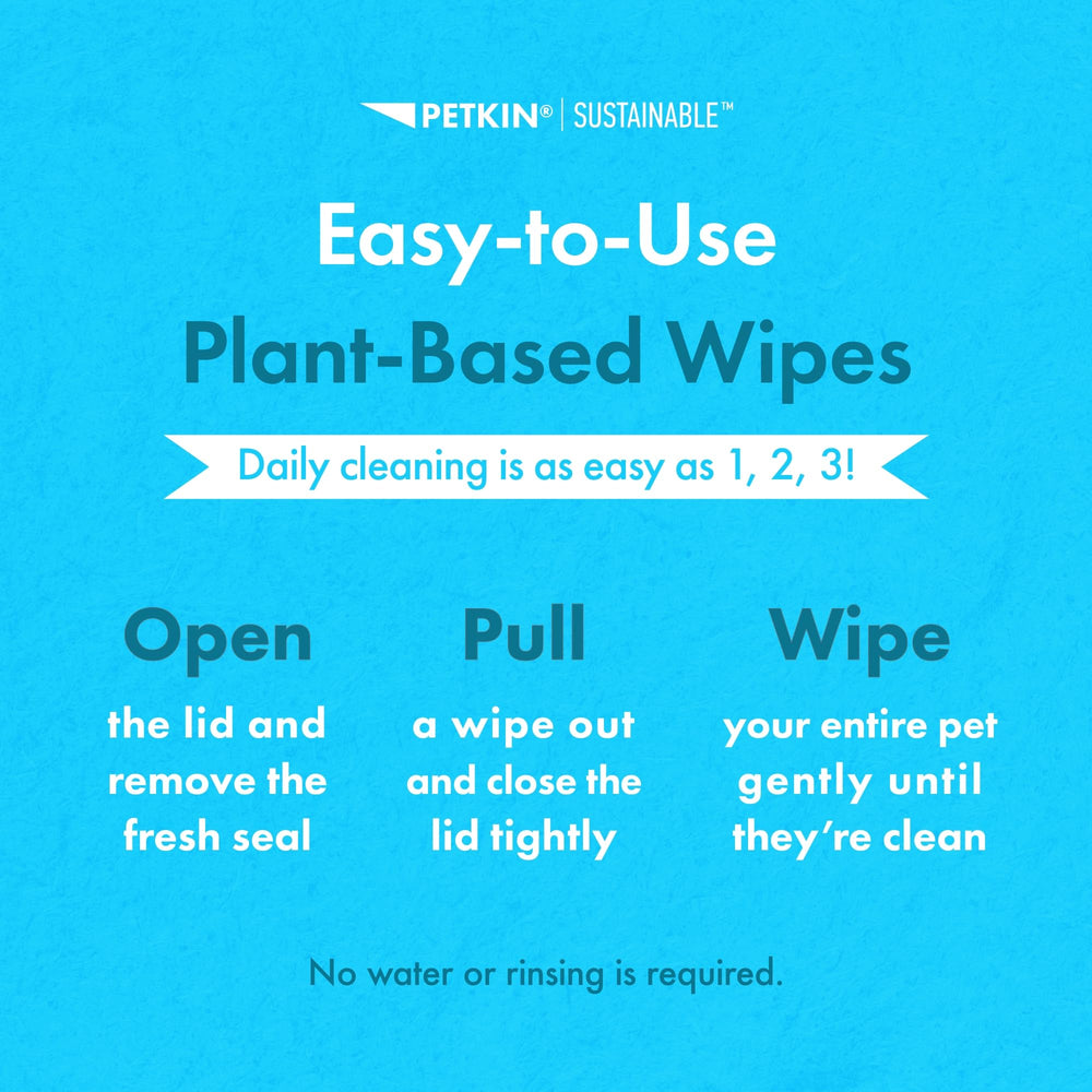 Petkin Plant-Based PetWipes no-rinse formula convenient for quick cleans.