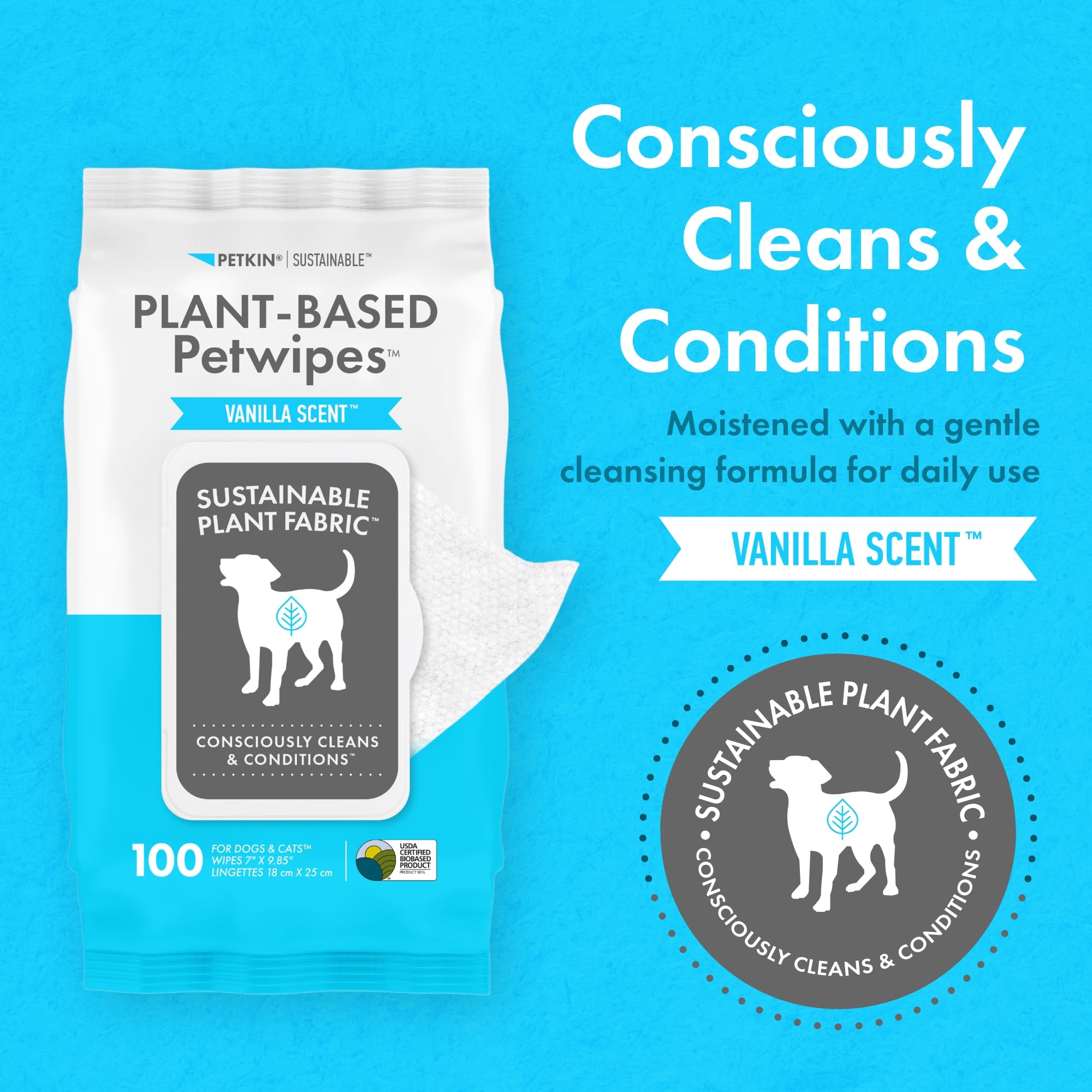 Petkin Plant-Based PetWipes for face, eyes, ears, and body use.
