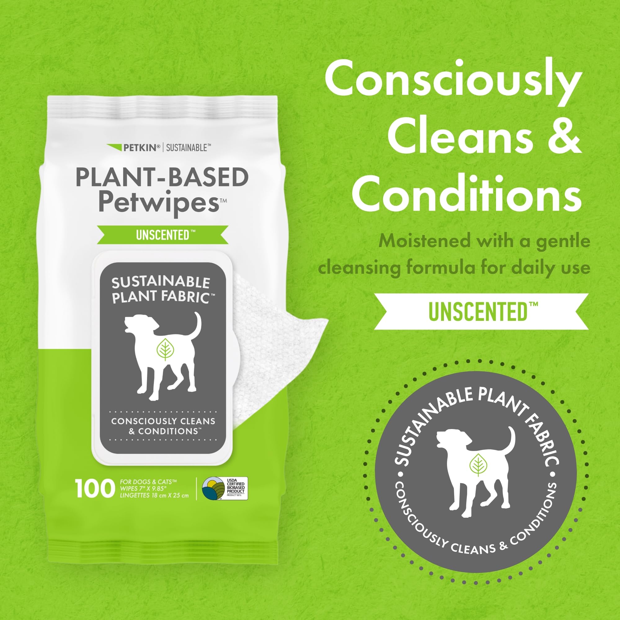 Petkin Plant-Based PetWipes used on a dog's face and paws during daily care.