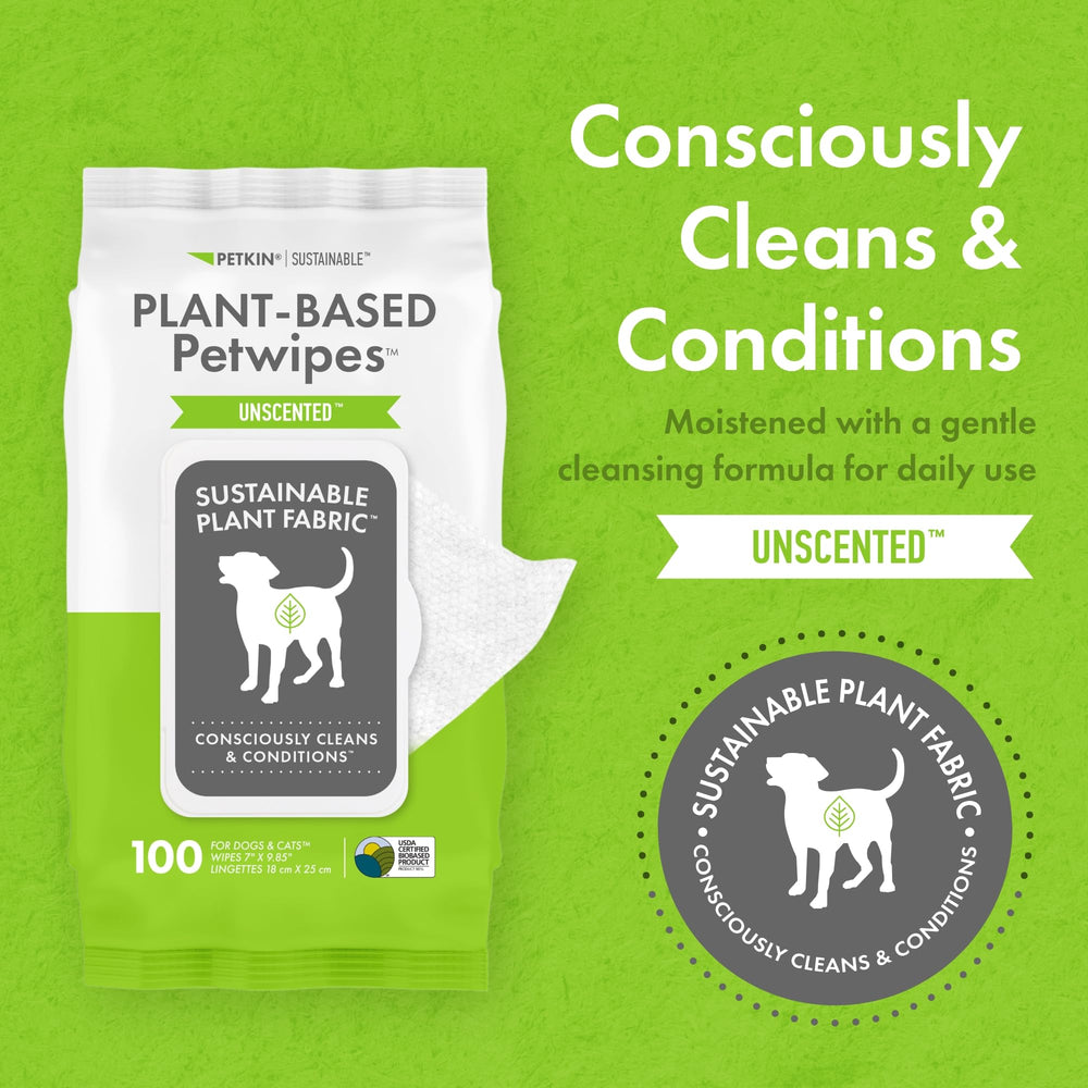 Petkin Plant-Based PetWipes used on a dog's face and paws during daily care.