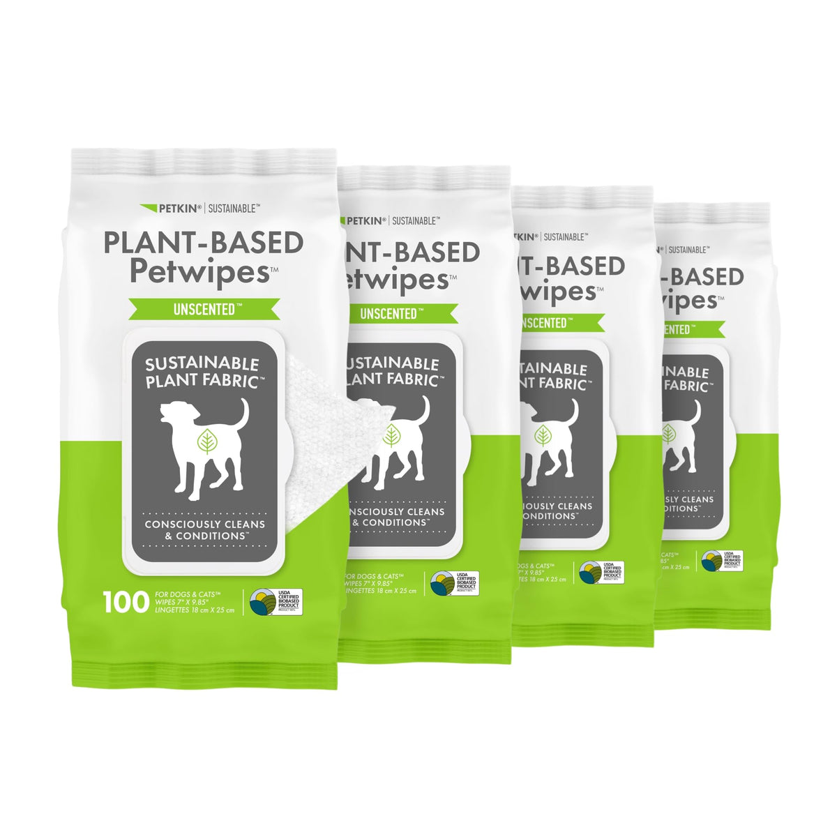 Petkin Plant-Based PetWipes four-pack packaging for quick planet-friendly care.