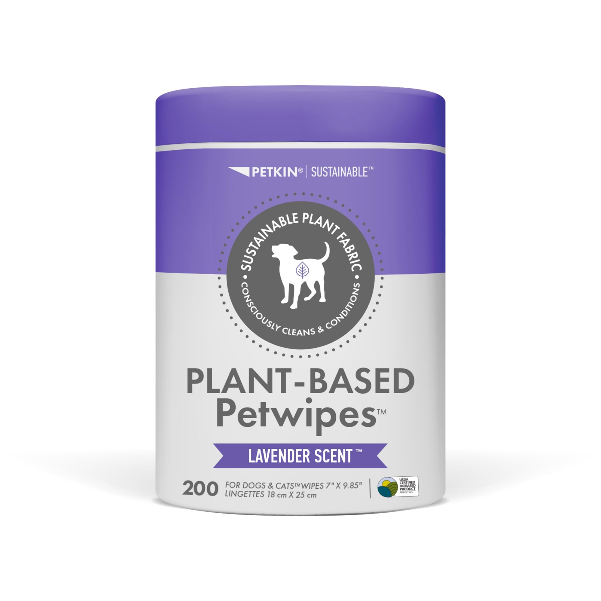 Petkin Plant-Based PetWipes tub front for convenient, plant-based pet cleaning on the go