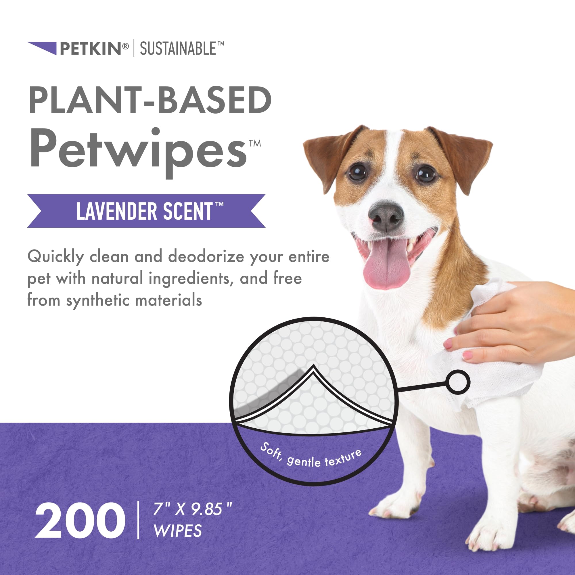 Petkin Plant-Based PetWipes tub opened showing easy access to 200 wipes for cleaning