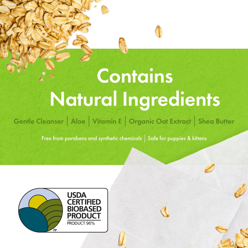 Petkin Plant-Based PetWipes unscented formula with natural cleansing ingredients highlighted.