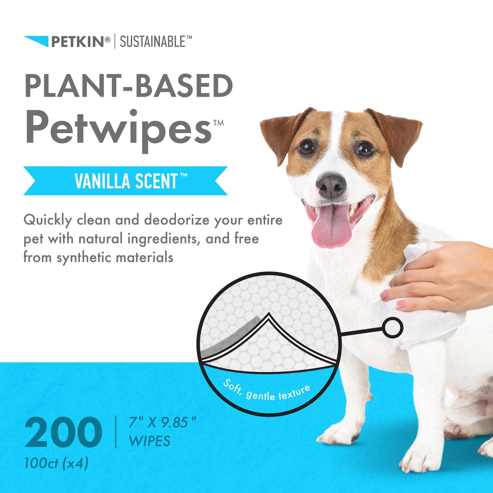 Petkin Plant-Based PetWipes vanilla scent aids pleasant grooming sessions.