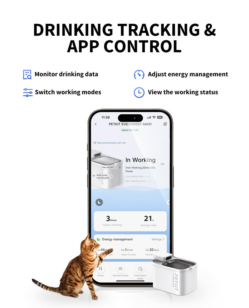 PETKIT EVERSWEET MAX motion sensor close-up illustrates pet-activated water flow.