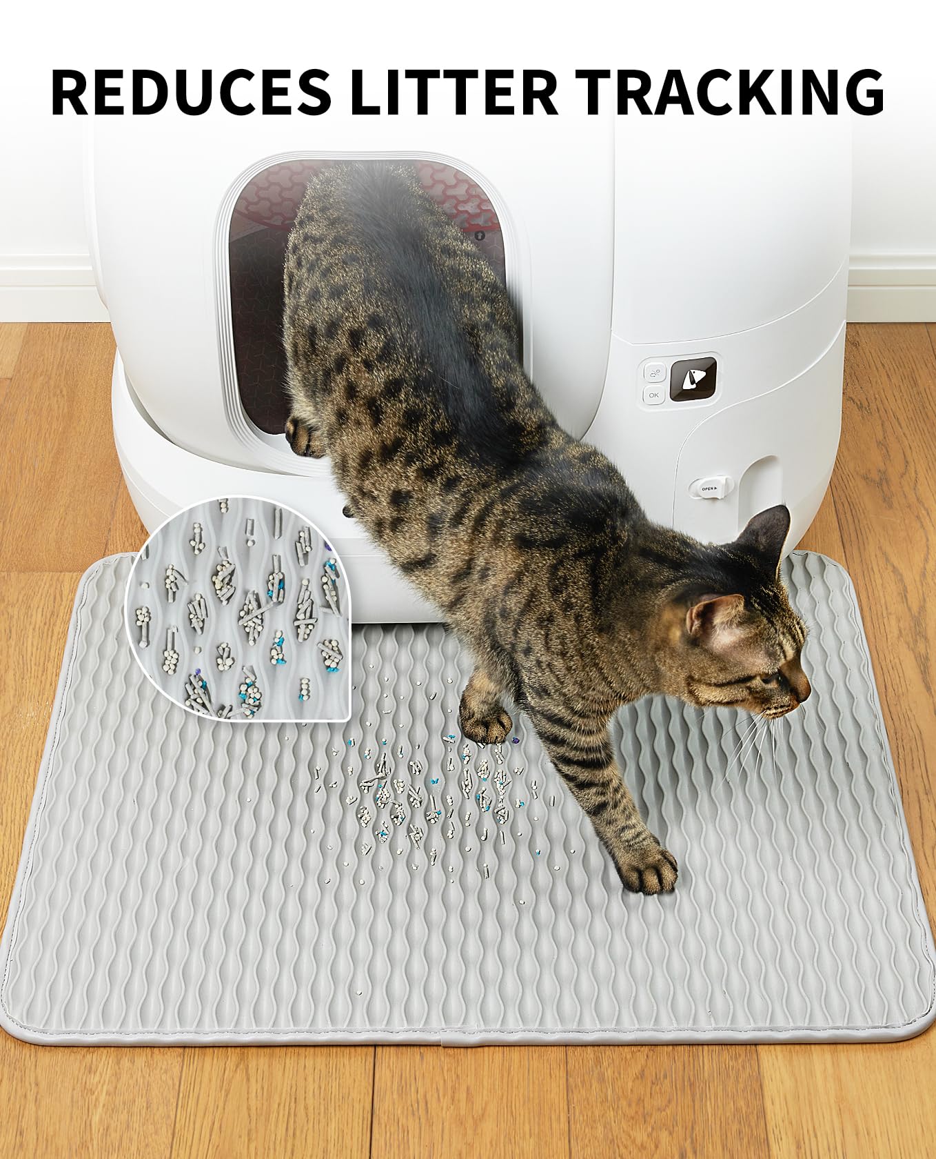 PETKIT litter box mat gray anti-slip surface helps prevent mat movement.