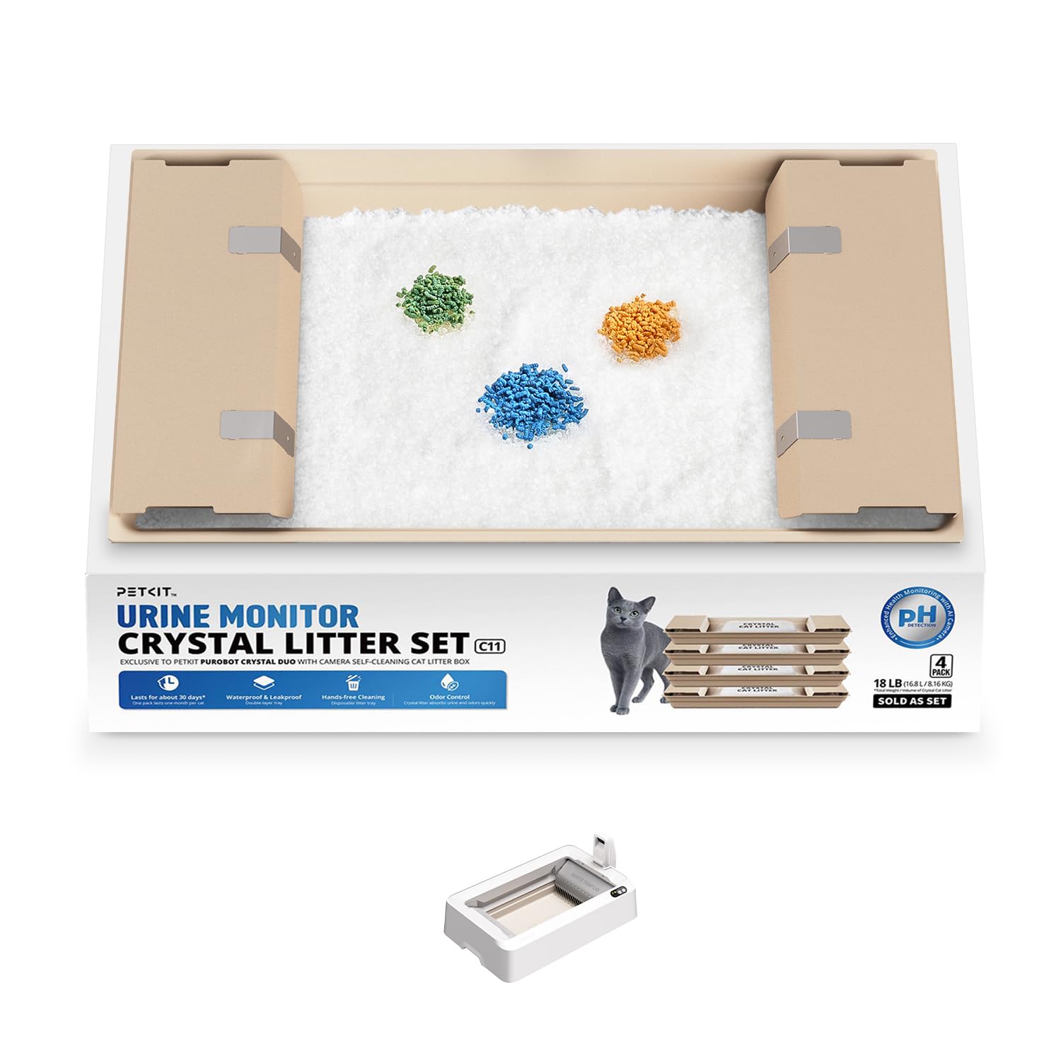 PETKIT PH crystal litter tray inside shows leak-proof design for mess-free setup.