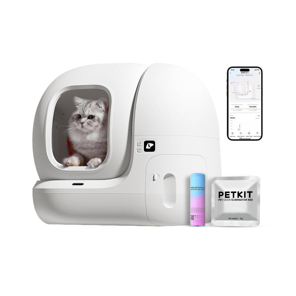 PETKIT PuraMax front view shows easy access for senior cats.