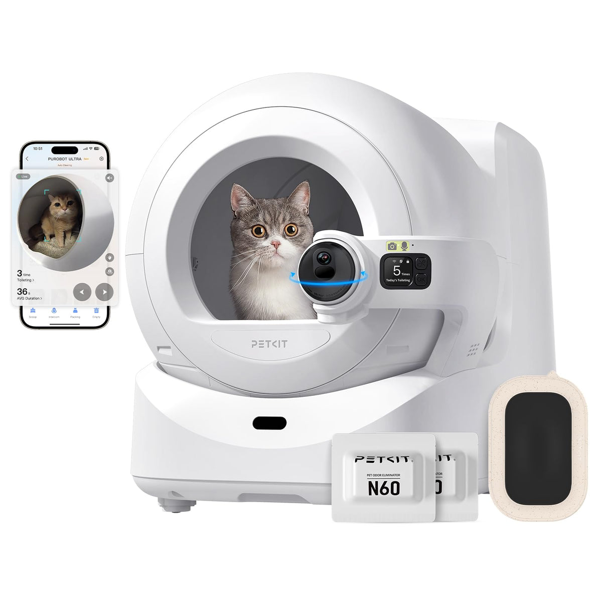 PETKIT Purobot Ultra front-angle view highlights the roomy 10L waste bin for days without scooping.