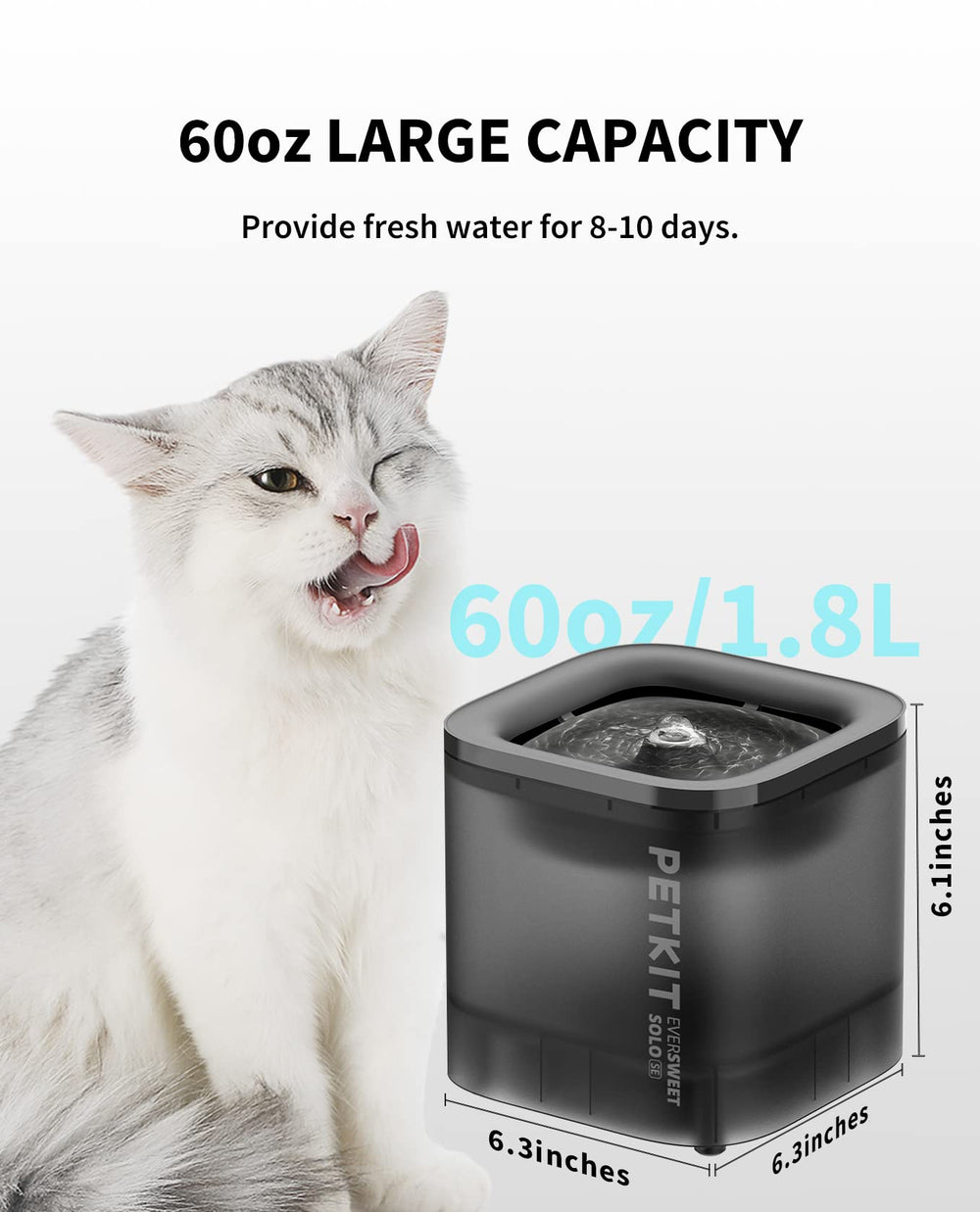 PETKIT water fountain pump detail highlights wireless stability and safety