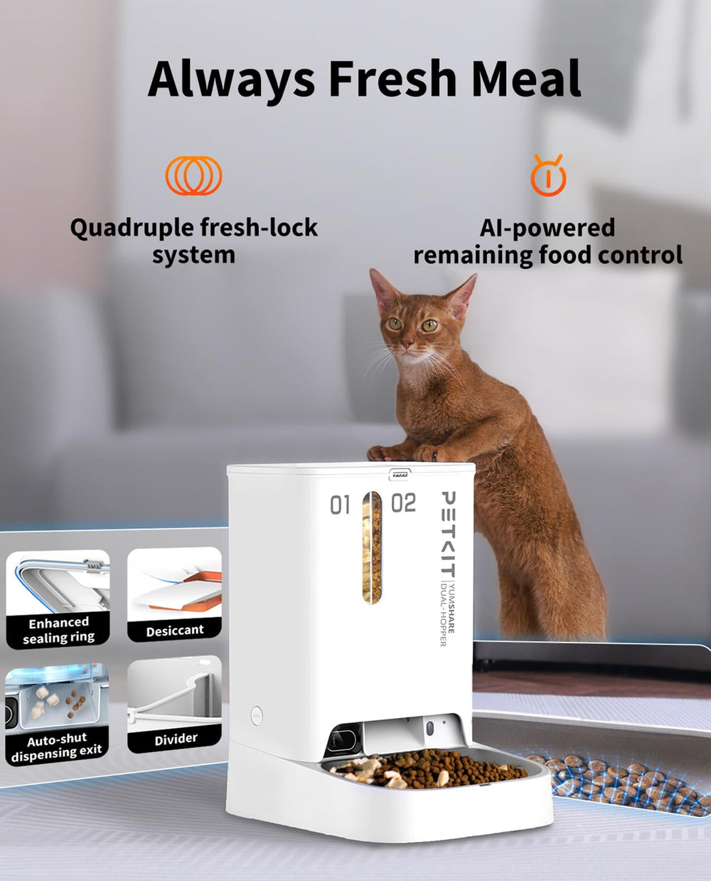 PETKIT YumShare desiccant compartment keeps kibble fresh.