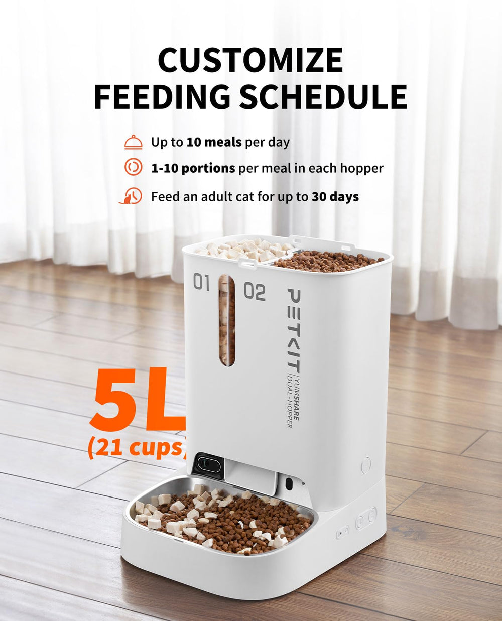 PETKIT YumShare dual hopper setup highlights separate portions and variety.