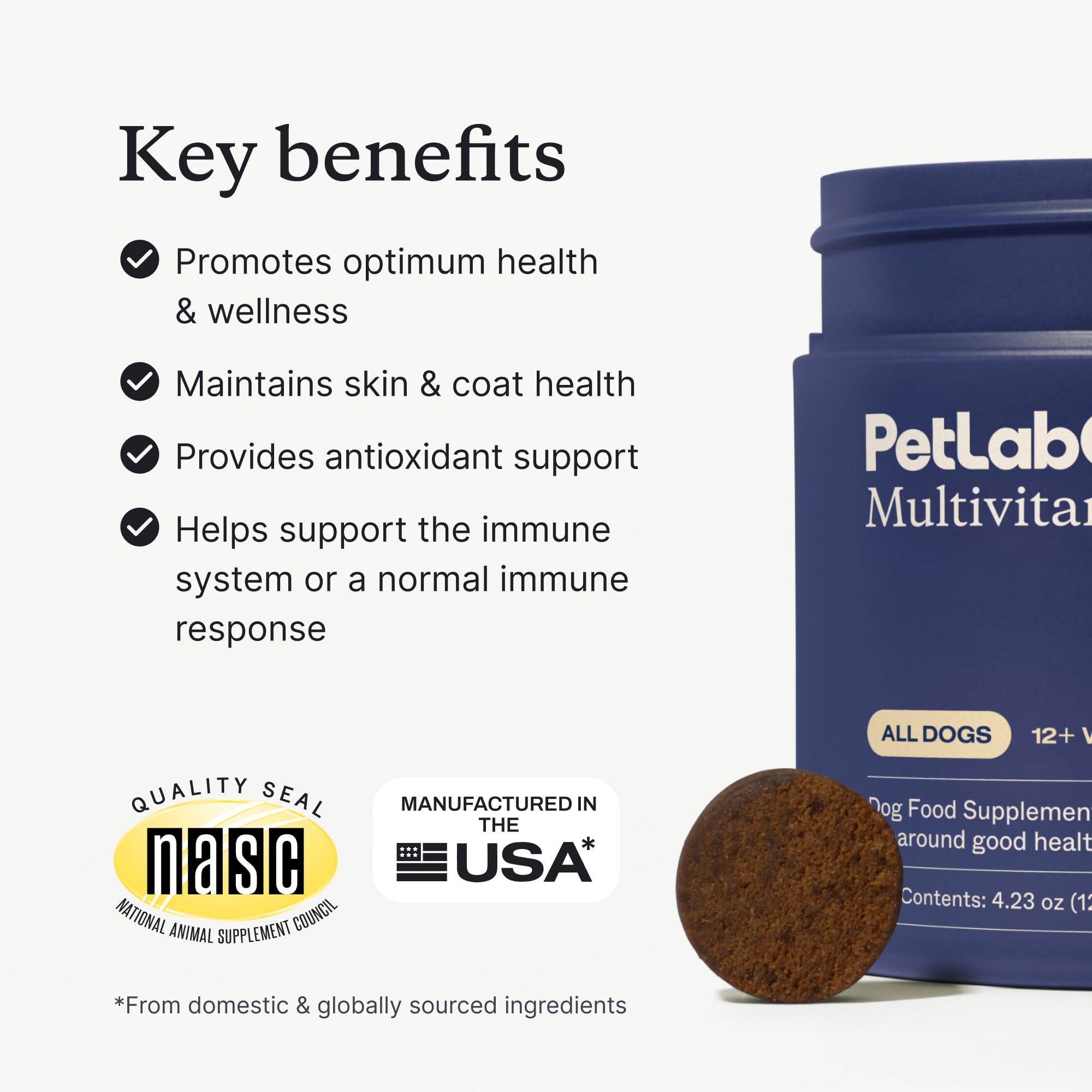 PetLab Co 22in1 dog multivitamin ingredients list featuring B12 E A and minerals for dogs