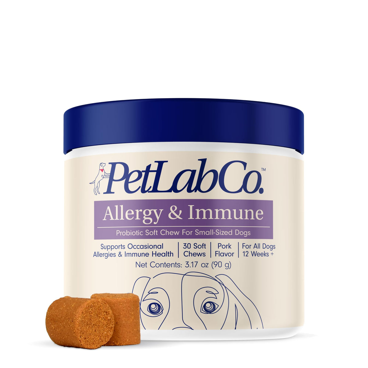 PetLab Co packaging front view shows allergy and immune probiotic support