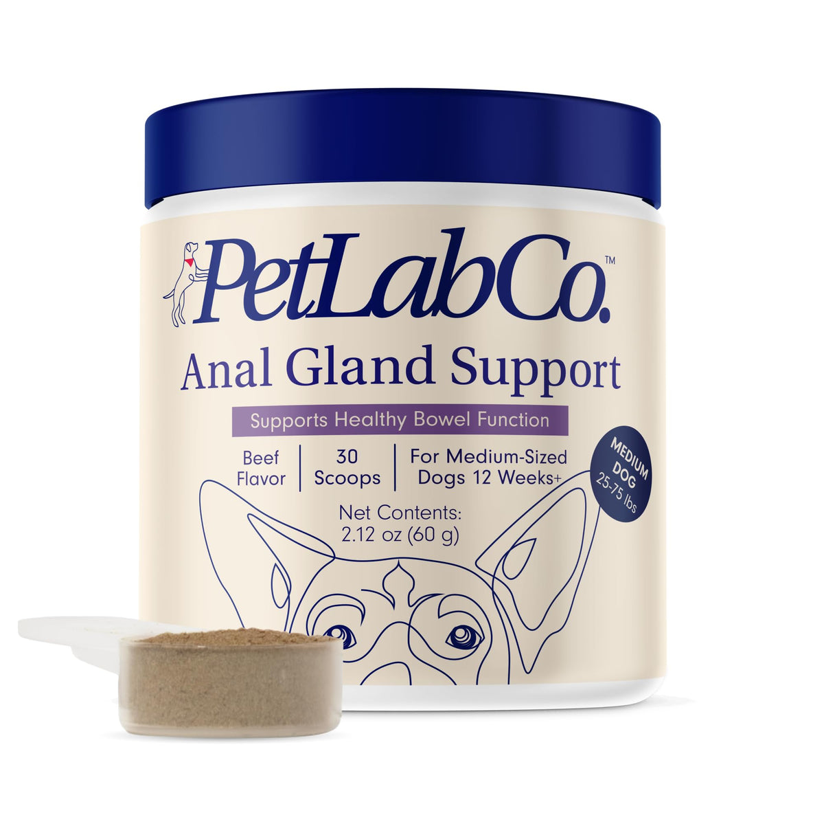 PetLab Co Anal Gland Support powder tub closeup for convenient daily stool health support
