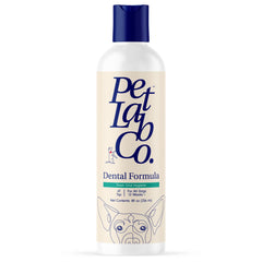 PetLab Co. dental water additive bottle close-up showing label and easy use for fresh breath.