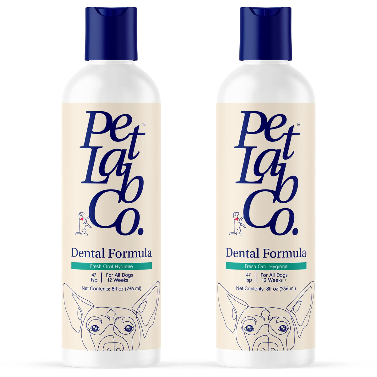 PetLab Co dental water additive being poured targeting tartar buildup for cleaner teeth.