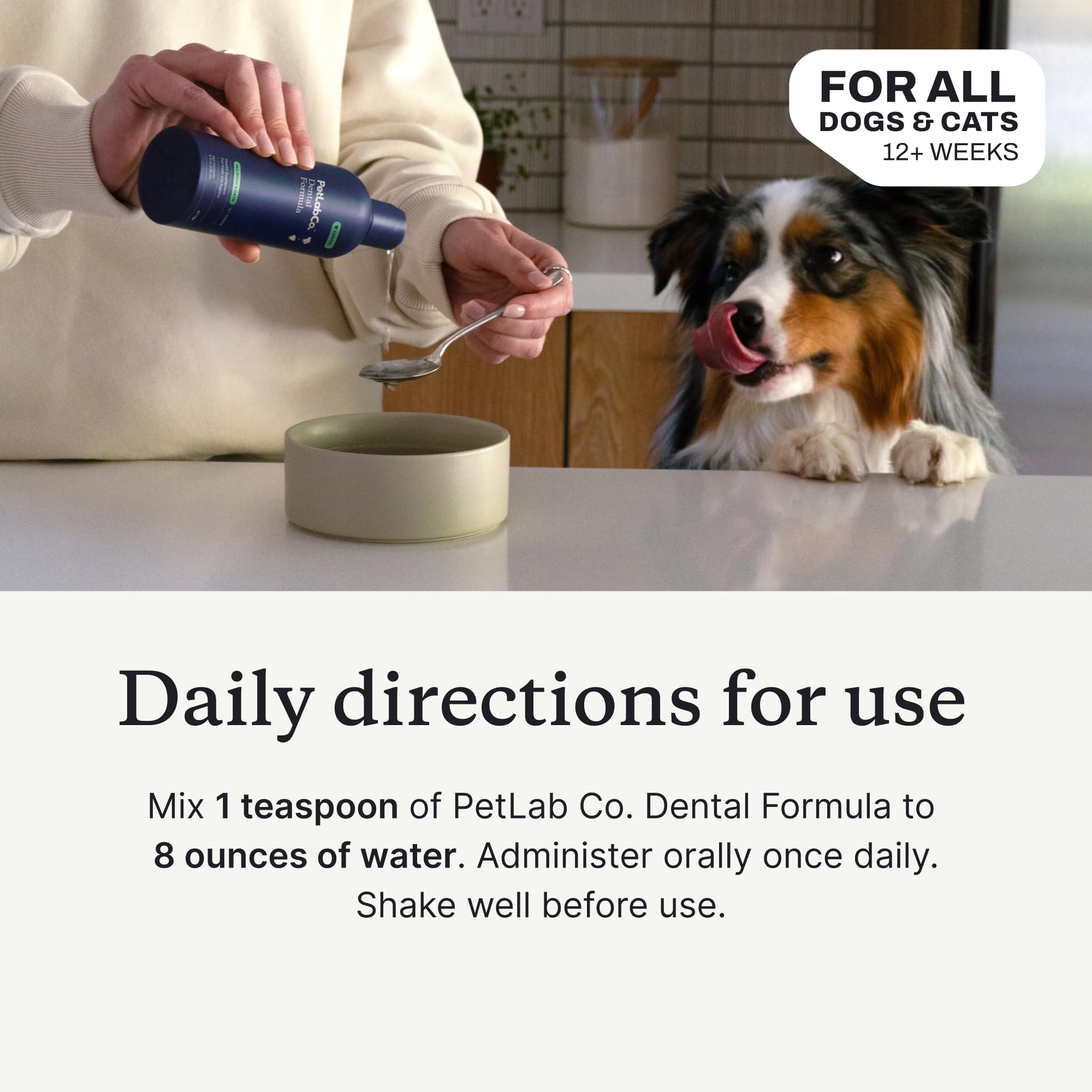 PetLab Co. dosing spoon included shot emphasizes easy at-home routine.