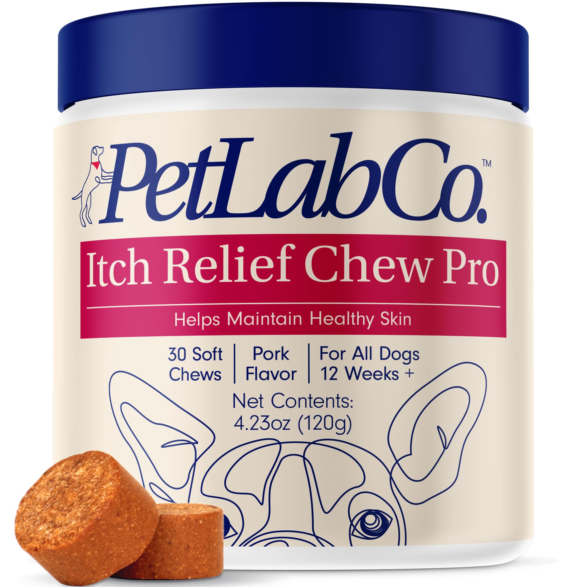 PetLab Co Itch Relief Chew Pro bottle on shelf signaling seasonal skin care
