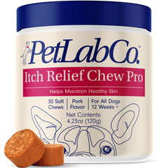PetLab Co Itch Relief Chew Pro bottle on shelf signaling seasonal skin care