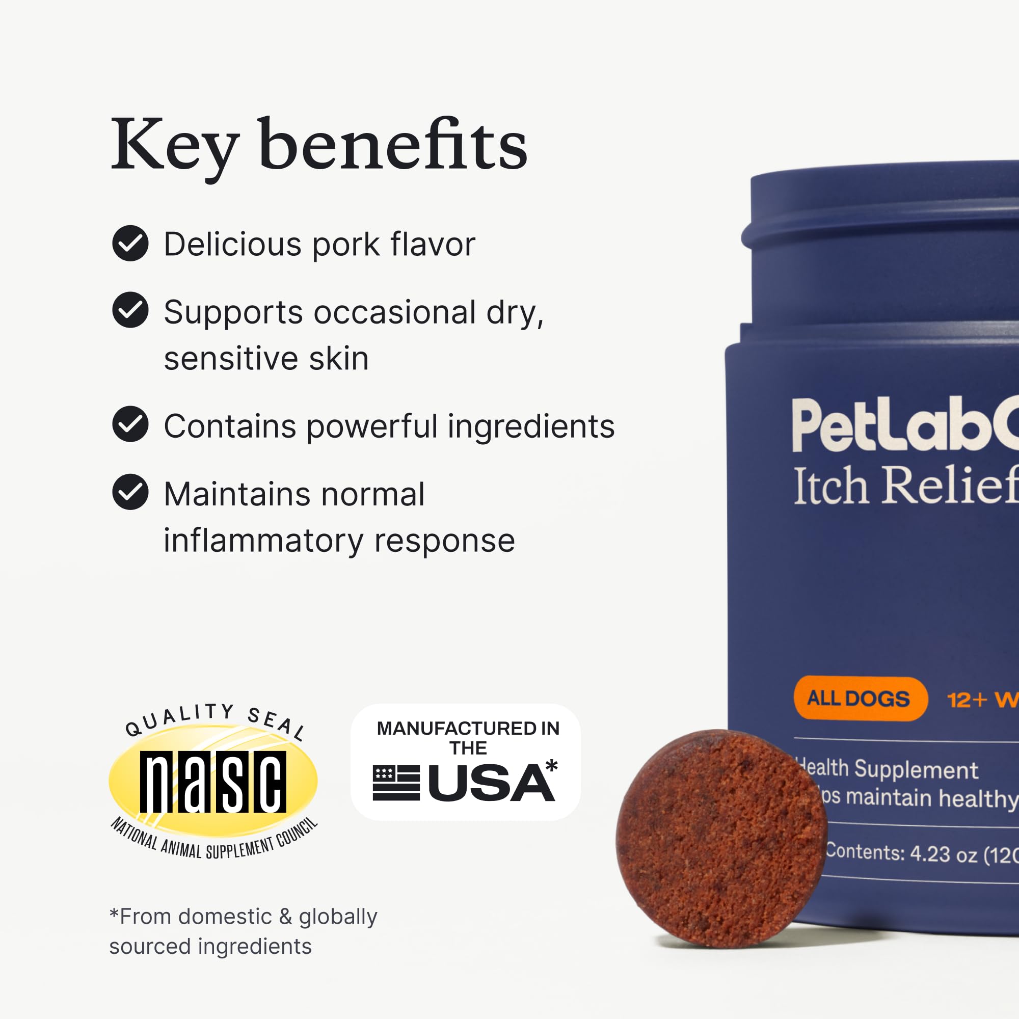 PetLab Co. Itch Relief Chew Pro omega-3 rich anchovy oil supports healthy skin.