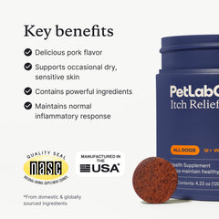 PetLab Co. Itch Relief Chew Pro omega-3 rich anchovy oil supports healthy skin.