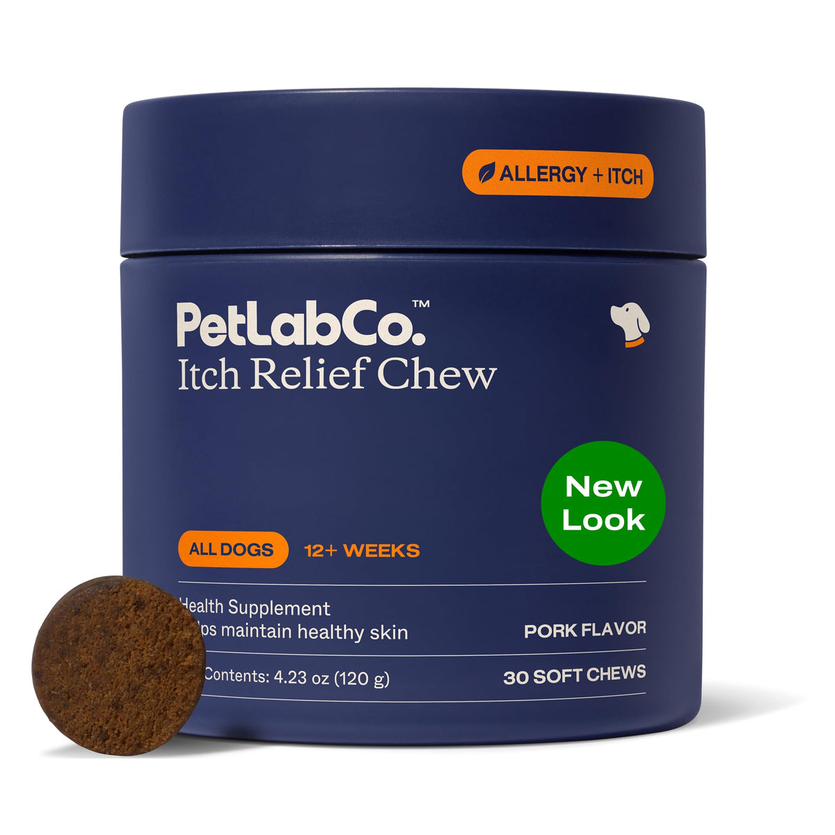 PetLab Co Itch Relief Chews bottle on shelf supports healthy skin and coat.