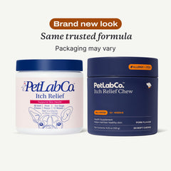 PetLab Co Itch Relief Chews ingredients close-up highlighting omega-3 and omega-6 support.