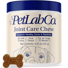 PetLab Co Joint Care Chews bottle front with clear labeling for easy daily mobility support.