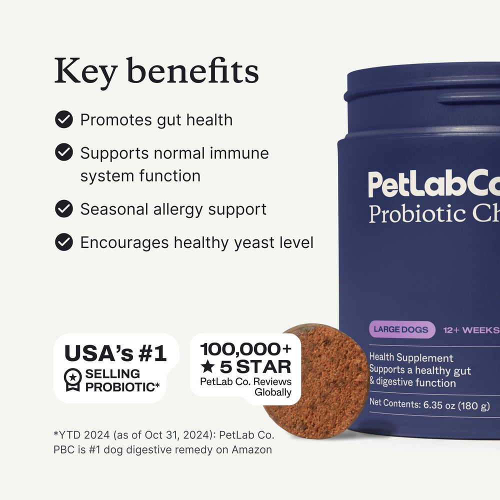 PetLab Co. Probiotics digestive health illustration highlights eight bacterial strains.