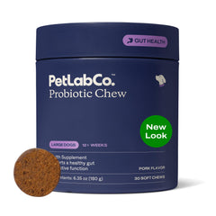 PetLab Co. Probiotics dog soft chews pork flavor support digestive health.