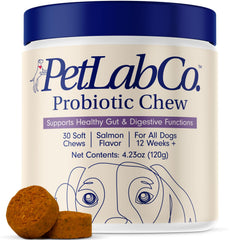 PetLab Co Probiotics for Dogs bottle closeup promotes digestive balance