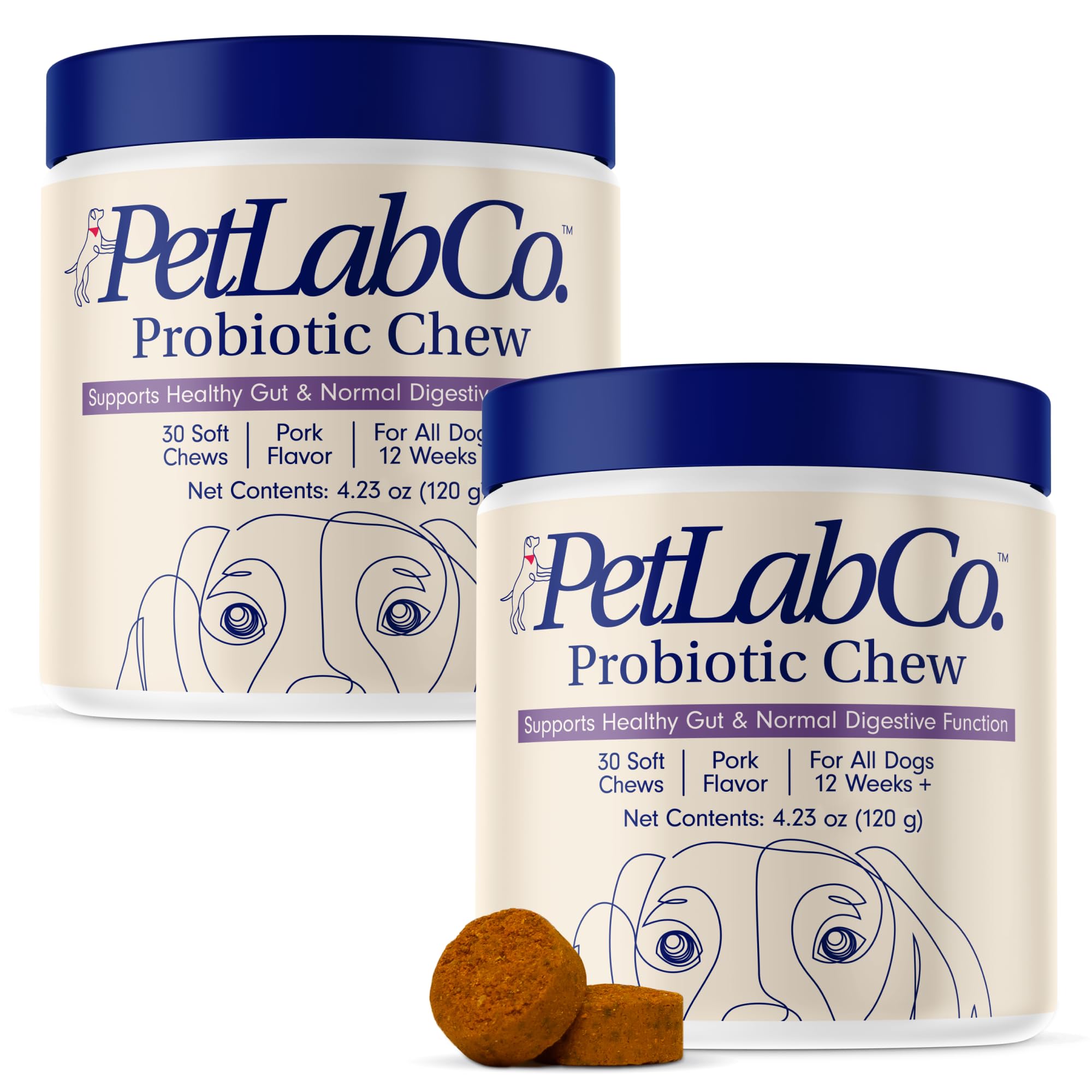 PetLab Co Probiotics for Dogs bottle front showing pork flavor chews for gut health