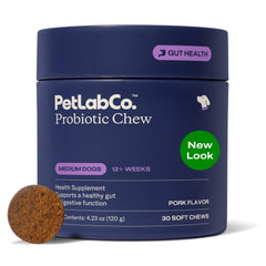 PetLab Co. Probiotics bottle top view with pork-flavor soft chews supports digestive comfort.