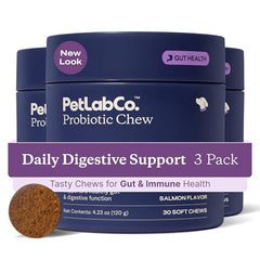 PetLab Co probiotics for dogs salmon-soft-chews bottle highlights gut-friendly salmon flavor.