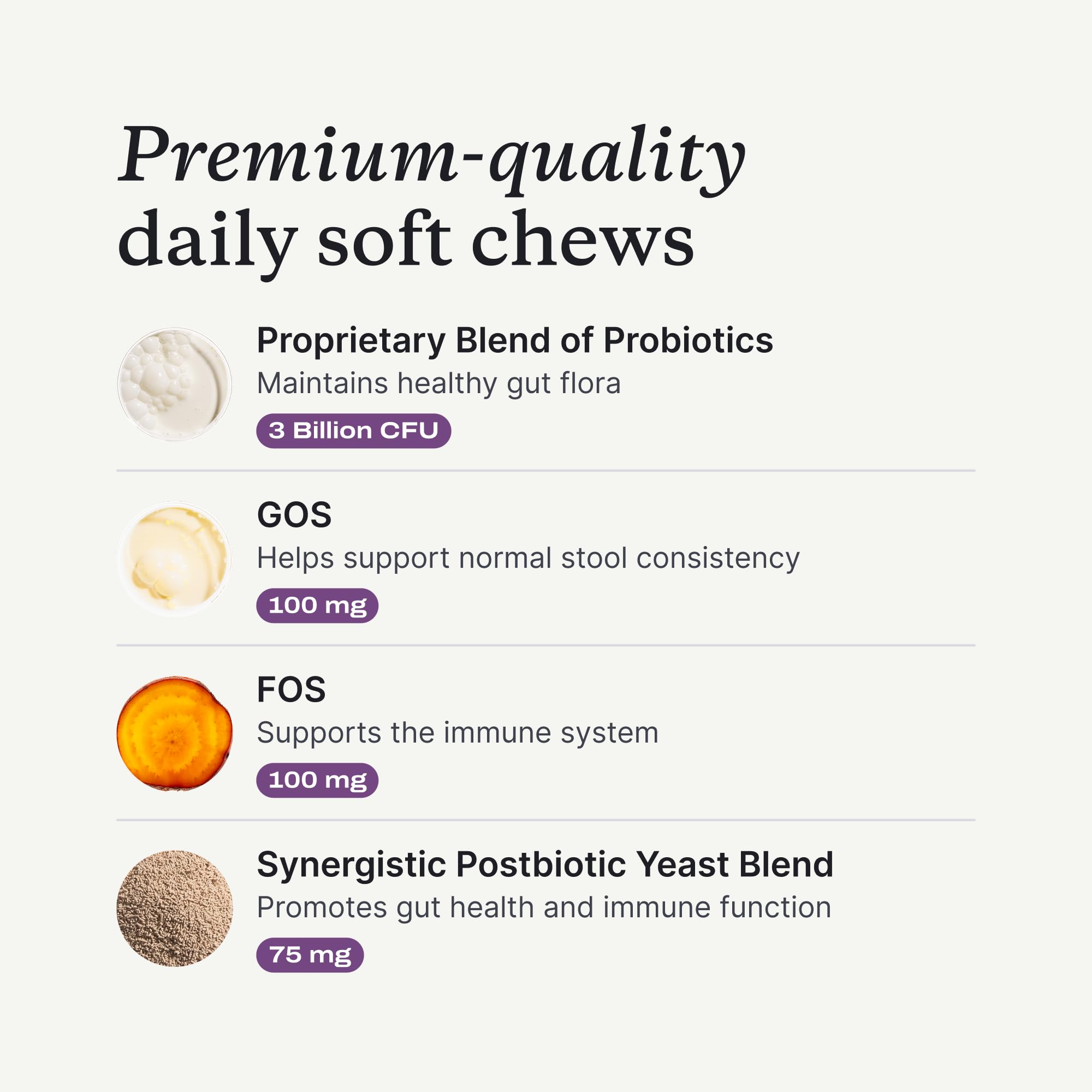 PetLab Co Probiotics ingredients closeup showing prebiotics and eight strains