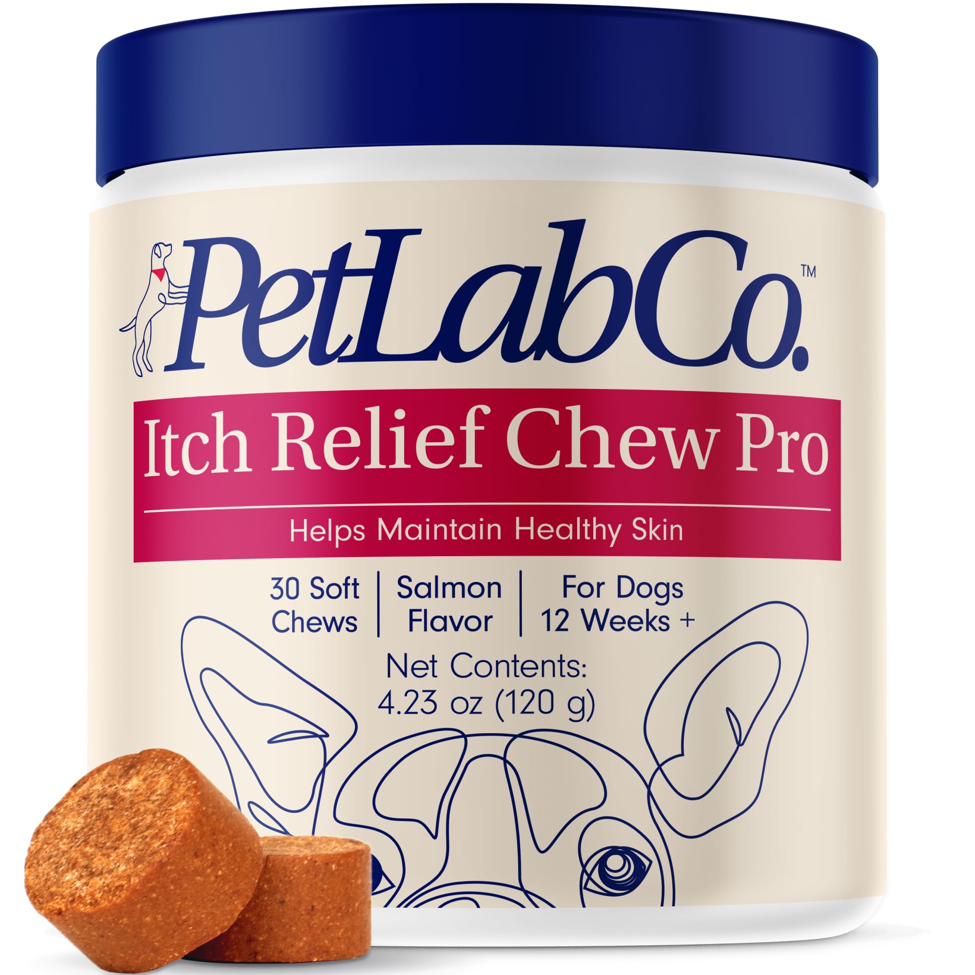 PetLab Co. Salmon Itch Relief Chew Pro bottle highlighting omega-3 for healthier dog skin.