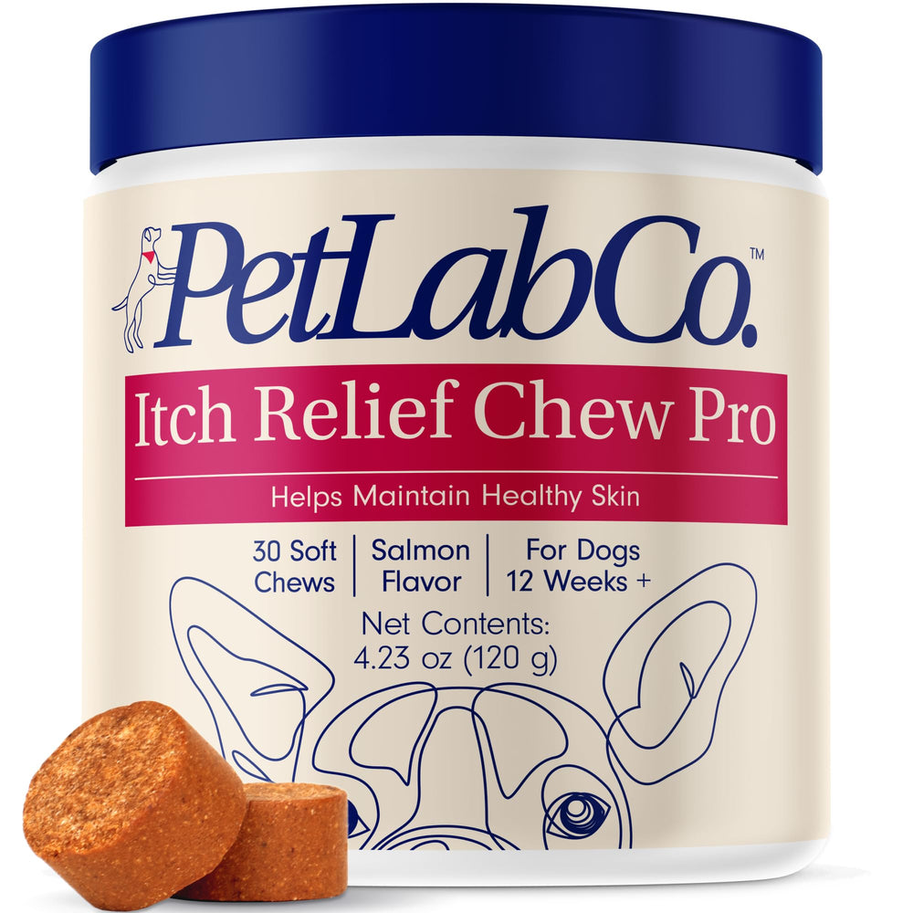 PetLab Co. Salmon Itch Relief Chew Pro bottle highlighting omega-3 for healthier dog skin.