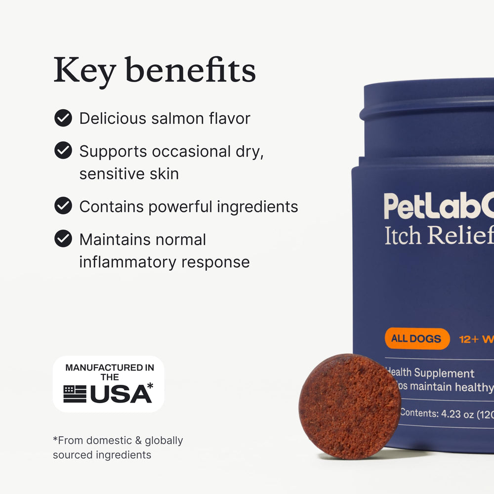 PetLab Co. Salmon Itch Relief Chew Pro closeup shows omega-3 oil and tasty salmon flavor for skin support.