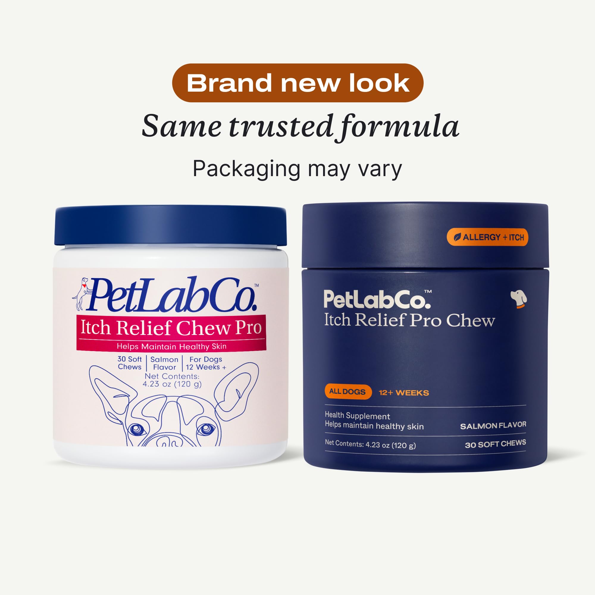 PetLab Co. Salmon Itch Relief Chew Pro dog eating scene emphasizes tasty salmon flavor for easy dosing.