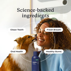 PetLab Co. water additive with pet drinking bowl, sip-friendly breath improvement potential.