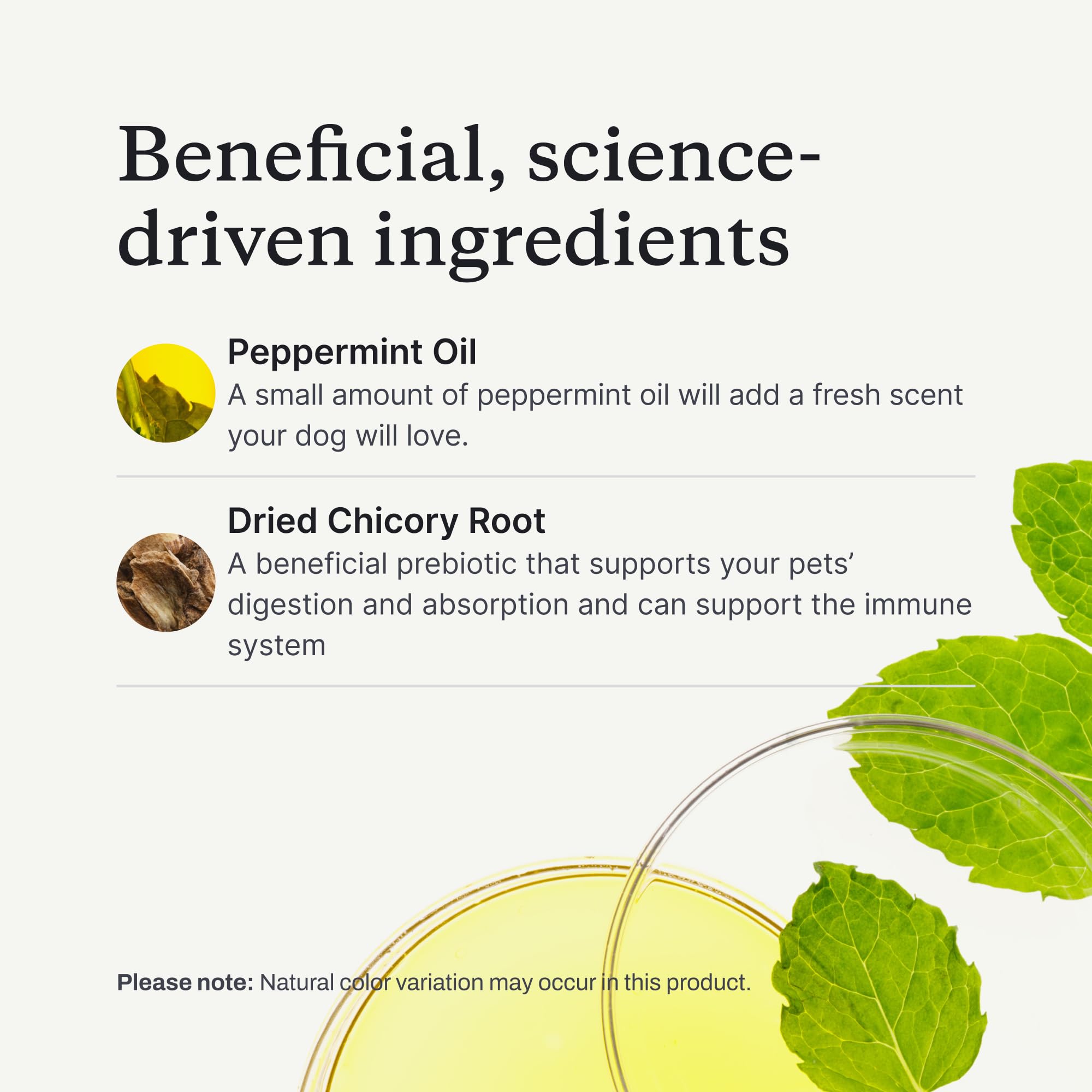 PetLab Co Dental Sticks ingredients showcase chicory root for digestive-friendly prebiotic support.