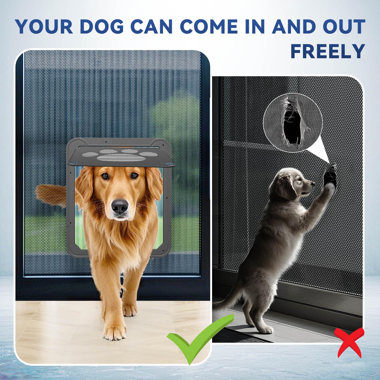 PETLESO dog door ABS frame shown for durable, stable screen-door mounting.