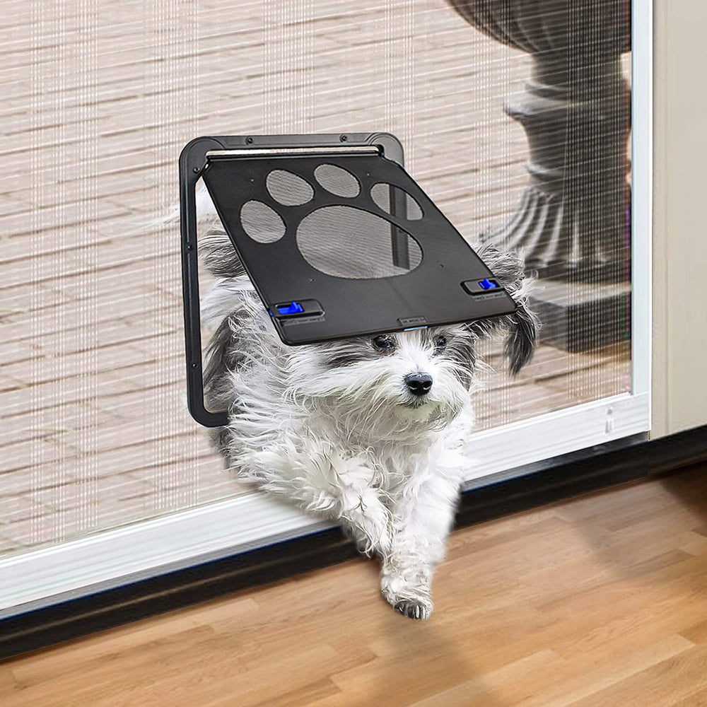 PETLESO dog door on screen door open for easy pet access to the yard.