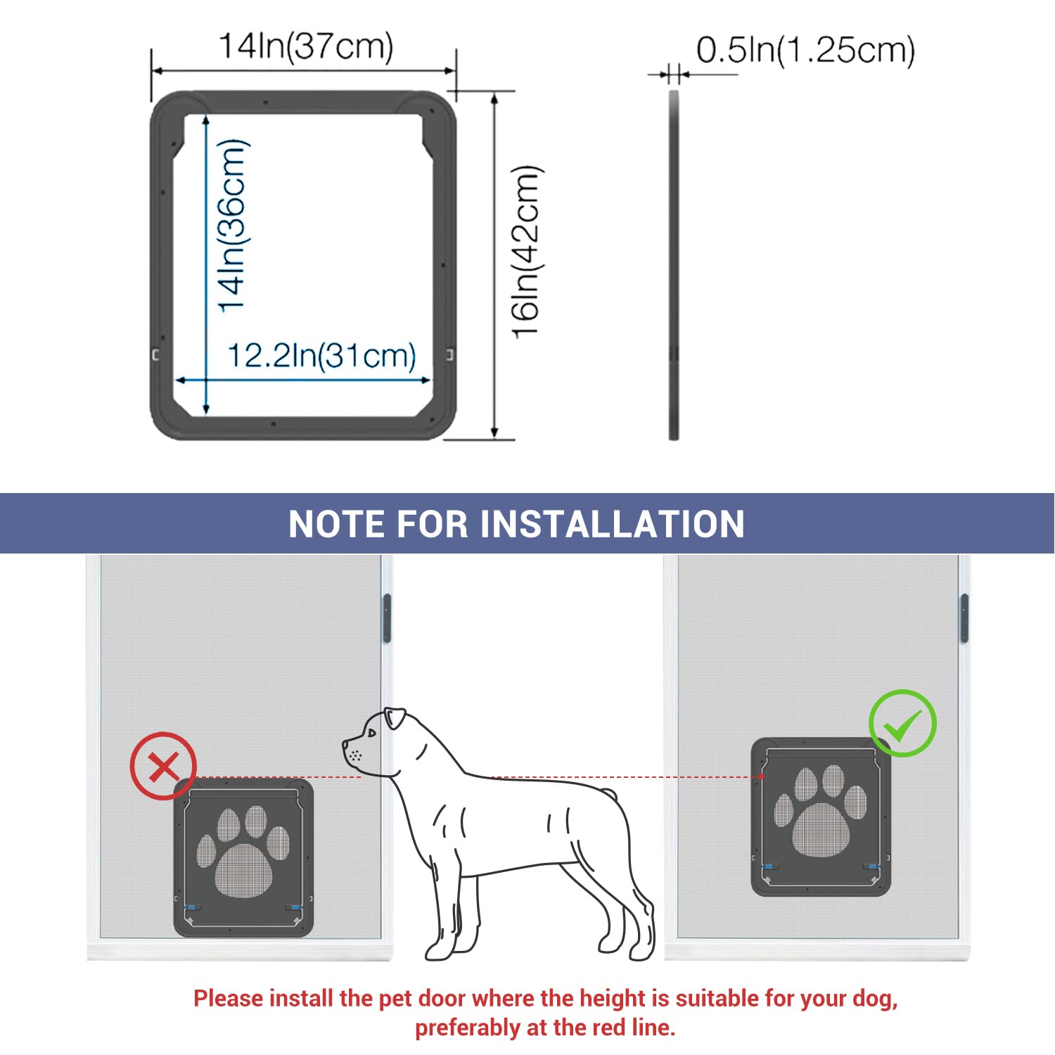 PETLESO dog door screen installation guide showing mounting steps