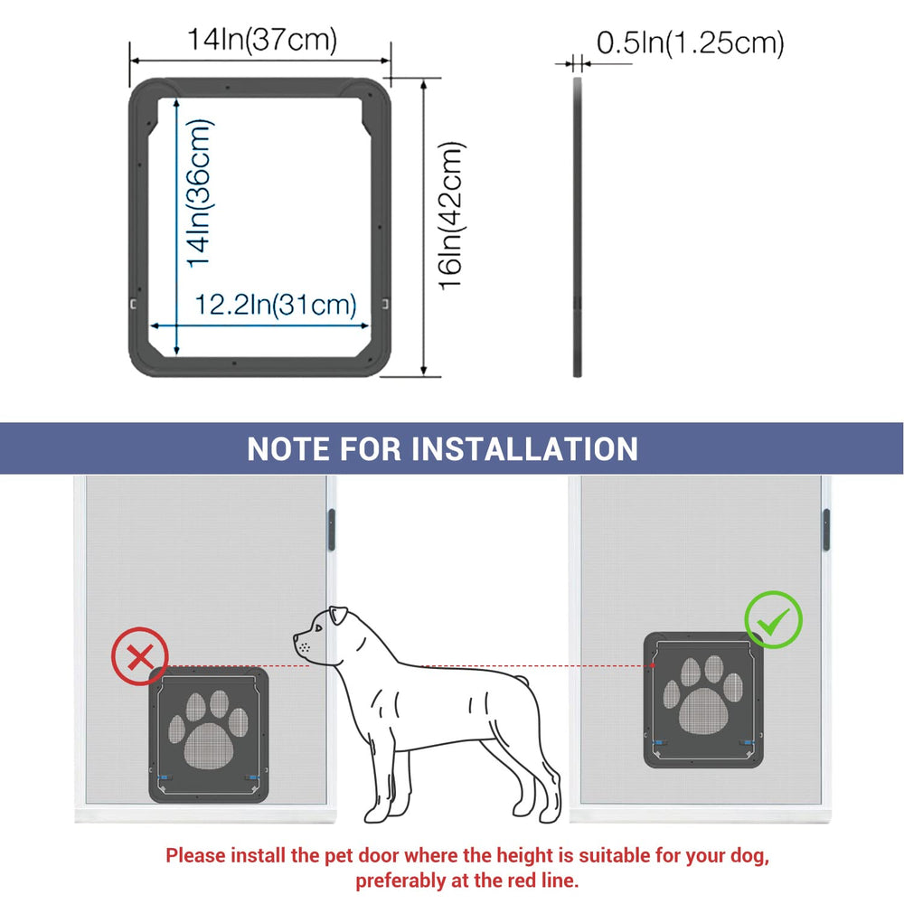 PETLESO dog door screen installation guide showing mounting steps