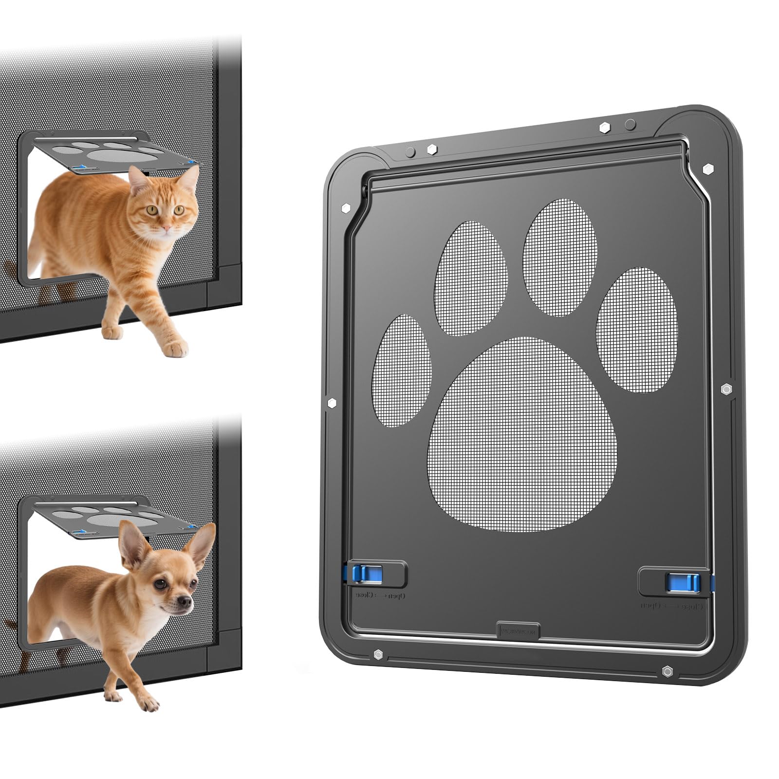Petleso dog screen door front view highlighting the compact inner opening for small pets.