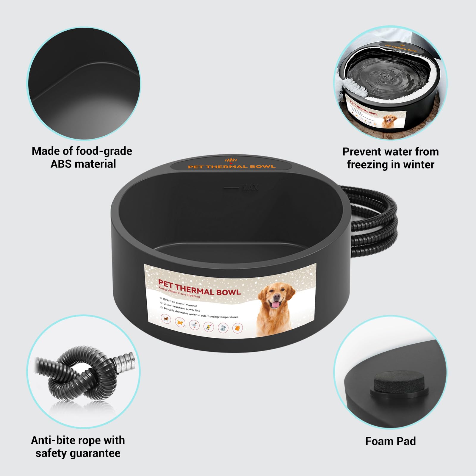 PETLESO Outdoor Heated Water Bowl with foam pads for stable non-slip setup